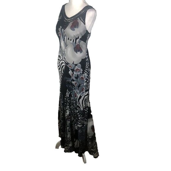 Vintage 90s Slip Dress Womens M Black Sleeveless Chiffon Maxi Abstract - Picture 1 of 11